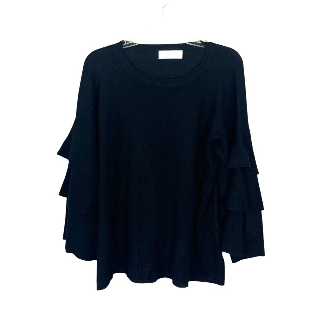 Time and Tru Women's Black 3/4 Ruffle Sleeve Crew Neck‎ Sweater L